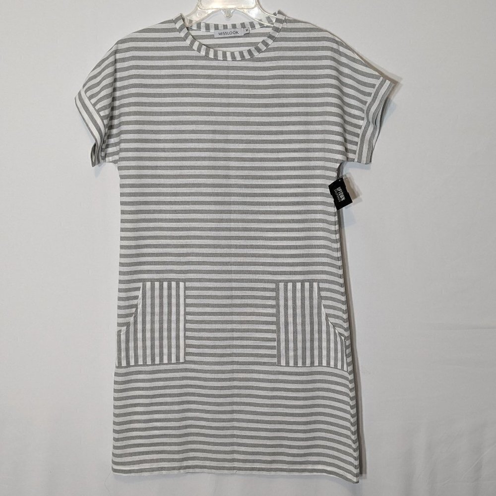 Women's MISSLOOK, Gray & White Striped Short Sleeve Shift Pencil Dress; Size M